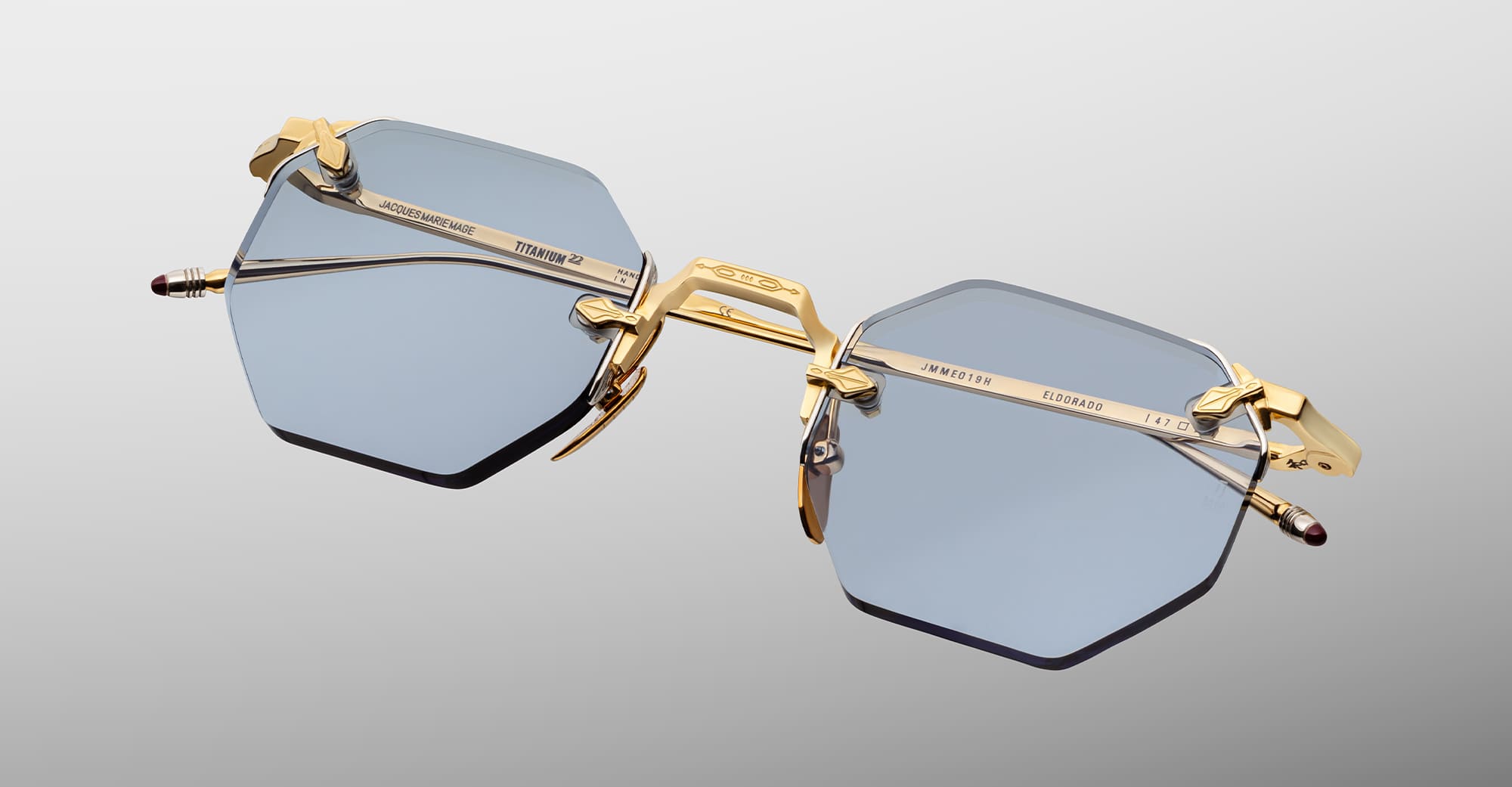 Ottica Mondello Roma - Jacques Marie Mage - JMMEO-19H - EL DORADO - CIEL - beta titanium - shape Octagonal - Gold - EYEWEAR - SUNGLASSES - Unisex,Uomo,Donna,Women,Men - lens Blue - Made In Japan
