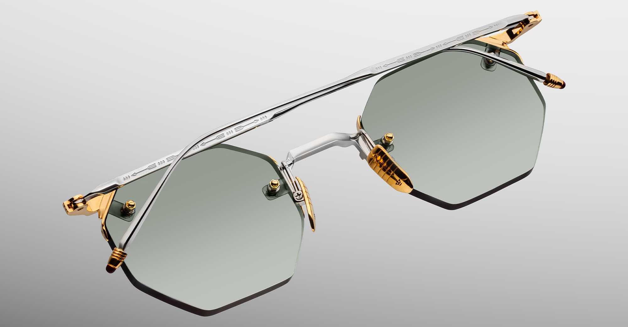 Ottica Mondello Roma - Jacques Marie Mage - JMMEO-12S - EL DORADO - ELECTRUM - beta titanium - shape Octagonal - gold, silver - EYEWEAR - SUNGLASSES - Unisex,Uomo,Donna,Women,Men - lens Gradient green - Made In Japan