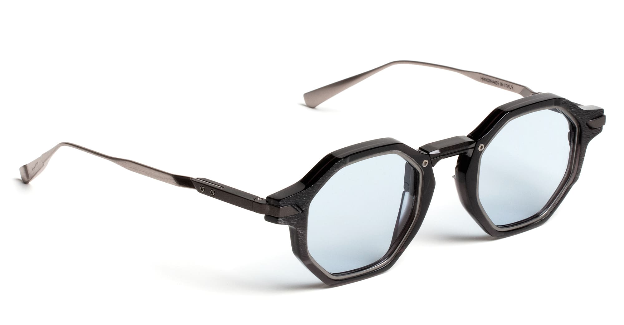 Ottica Mondello Roma - Movitra - CLIMAX 04-C2 S - Climax 04 - C2 Crystal Black / Light Blue Lens - Acetate, metal - shape Octagonal - Black - EYEWEAR - SUNGLASSES - Uomo,Men - lens light blue - Made In Italy