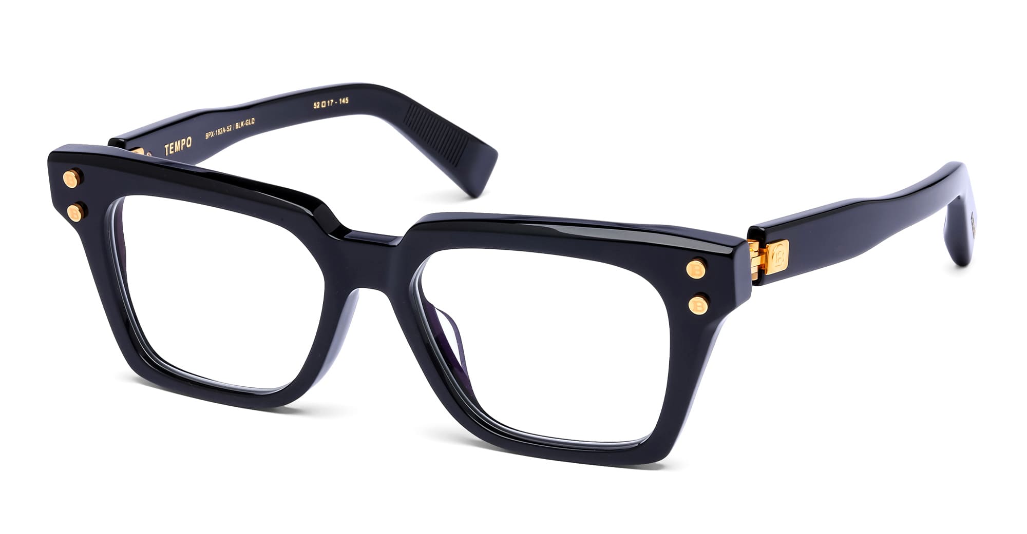 Ottica Mondello Roma - Balmain - BPX-182A-52 - TEMPO - BLACK / 18K GOLD RX - Acetate - shape Squared - Black, gold - EYEWEAR - EYEGLASSES - Unisex,Uomo,Donna,Women,Men - lens Clear - Made In Japan