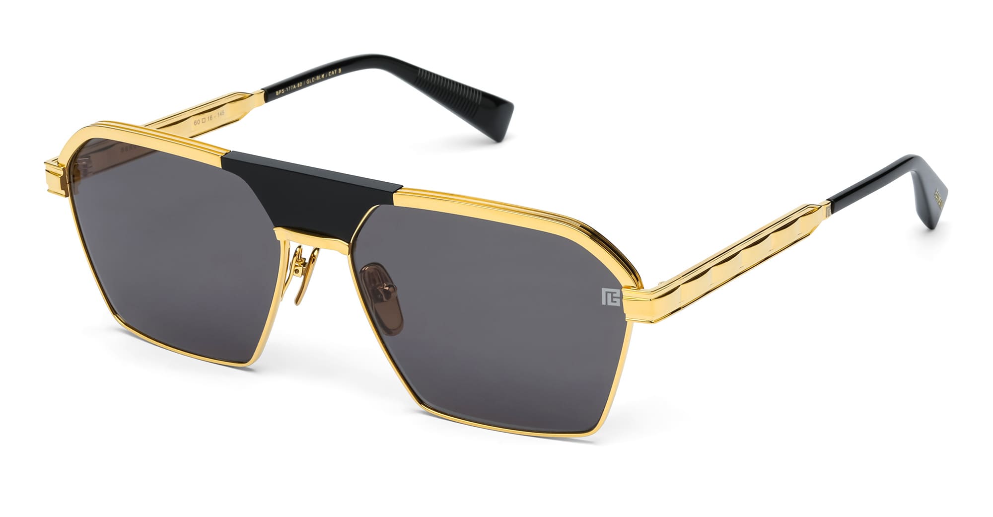 Ottica Mondello Roma - Balmain - BPS-177A-60 - SERGEANT - 18K GOLD / BLACK - acetate, titanium  - shape Navigator - Black, gold - EYEWEAR - SUNGLASSES - Unisex,Uomo,Donna,Women,Men - lens Grey - Made In Japan